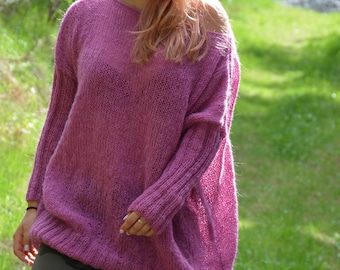 Oversized Plus Size Hand Knit Sweater Mohair Jumper Tunic Loose Knit Women's Sweater Pink