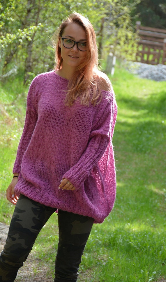 Oversized Plus Hand Knit Sweater Mohair Jumper Tunic Etsy