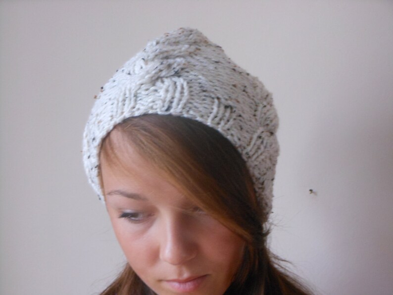 Hand Knit Cable Slouchy Beanie Hat Acrylic Oatmeal image 3