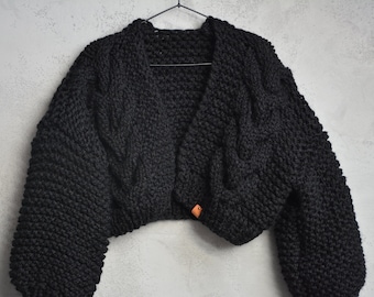 Cardigan en grosse maille, Pull court épais, Pull oversize en maille torsadée à la main, Pull noir ouvert style confortable pour femmes, Pull en alpaga