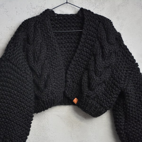 Chunky Knit Cardigan, Cropped Chunky Sweater, Oversized Hand Cable Knitted  Jumper, Open Style Black Sweater Women's Cozy, Alpaca Sweater