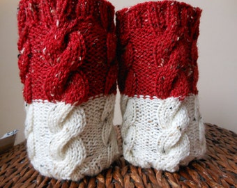 Hand Knitted Boot Cuffs Leg Warmers 2in1 Cream and Red Tweed