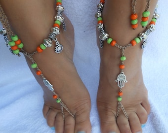 Crochet Barefoot Sandals Beach Wedding  Yoga Shoes Foot Jewelry  Orange Green Silver