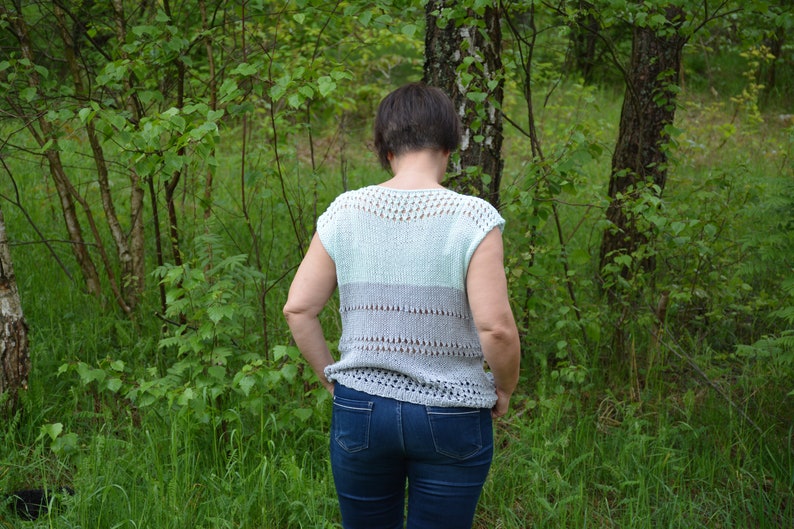 Cotton Summer Blouse Top Oversized Hand Knit Summer Sweater Handmade Cotton Blouse Loose Knit Women/'s Sweater Grey and Pastel Green