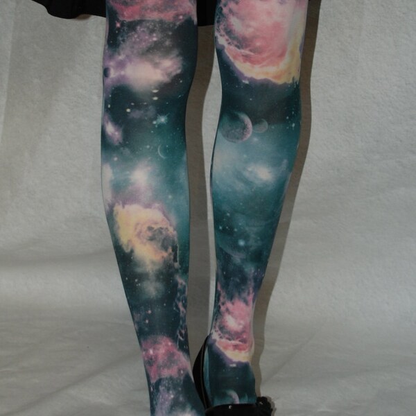 Tights galaxy cosmic space in black white purple blue yellow pink grey gray colors