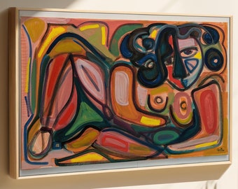Original Mid-Century Modern Oil Painting on Canvas: Colorful Abstract Self-Portrait