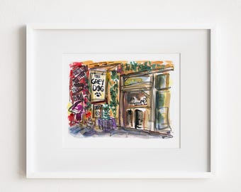 Grey Dog West Village Watercolor Print - Urban Sketch (Framed)
