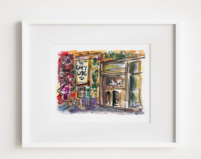 Grey Dog West Village Watercolor Print - Urban Sketch (Framed)