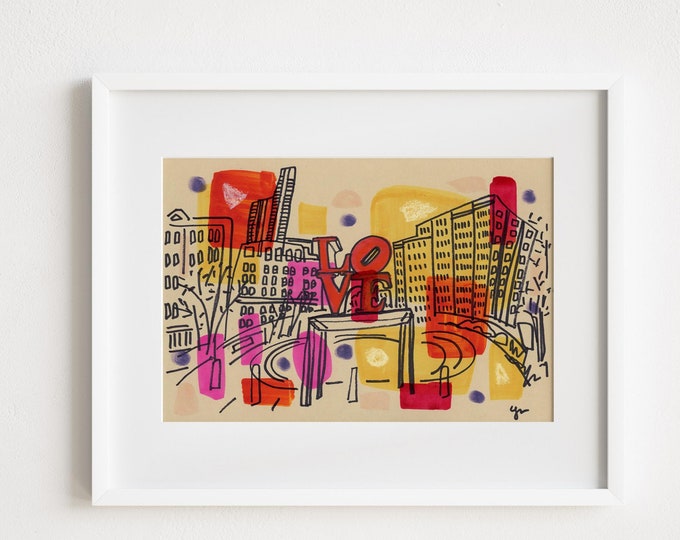 Love Statue in Philadelphia - Printed and Framed - Philly Watercolor Illustration Painting Urban Landscape