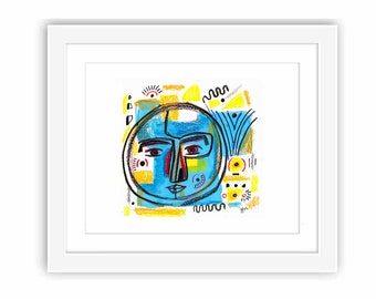 Abstract Moon Face - Print and Framed - Shapes and Color Watercolor Retro Midcentury Modernist