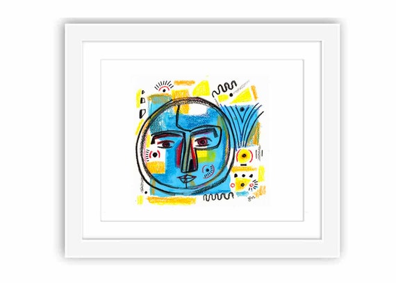 Abstract Moon Face - Print and Framed - Shapes and Color Watercolor Retro Midcentury Modernist