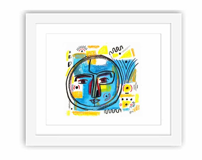 Abstract Moon Face - Print and Framed - Shapes and Color Watercolor Retro Midcentury Modernist