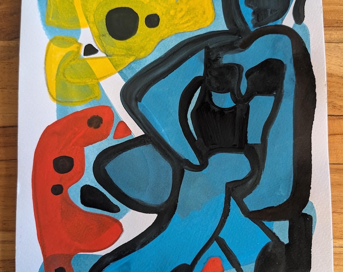 Original Work on Paper - A Blue Venus with Shapes - Abstract Figurative Woman