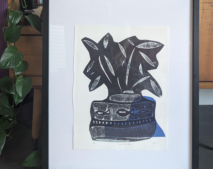 Framed Collagraph Print: Abstract Fish Vase Still Life Art