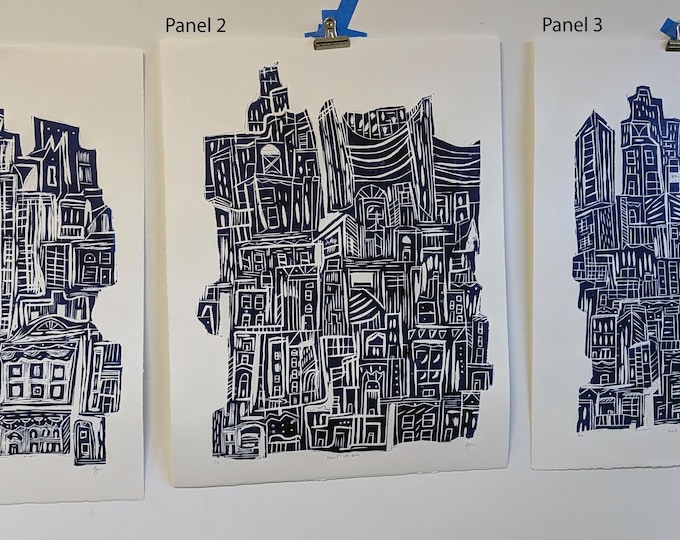 Original Woodcut Triptych Series - City Blues Abstract City