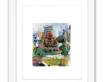 Print Copley Square with Boston's Duck Boats - Mixed Media Watercolor Collage Illustration Folk Art