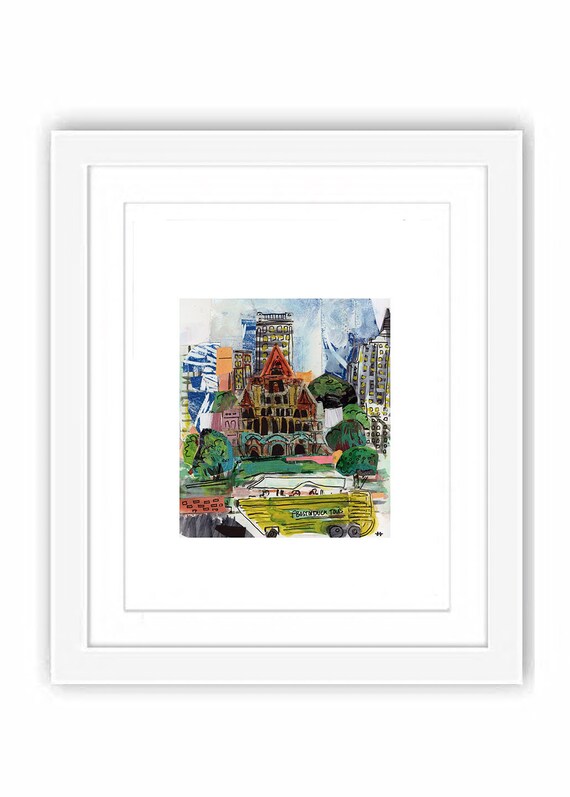 Print Copley Square with Boston's Duck Boats - Mixed Media Watercolor Collage Illustration Folk Art