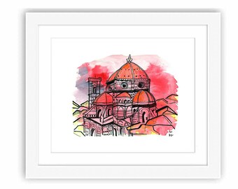 Duomo in Florence Italy - Print and Framed - Urban Sketching Watercolor and Ink Illustration Italy Travel