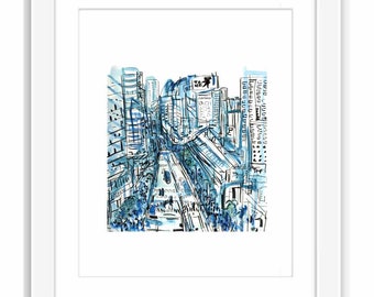 Tokyo Japan Shinjuku Station - Print and Framed - Travel Watercolor Illustration