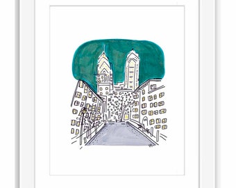 Philly Center City Skyline - Print and Framed - Pennsylvania Watercolor Illustration Urban Art Sketch