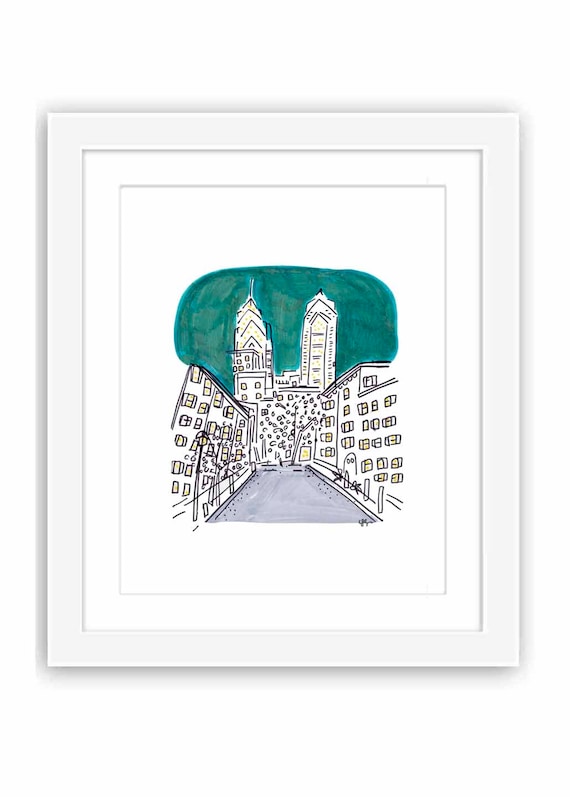 Philly Center City Skyline - Print and Framed - Pennsylvania Watercolor Illustration Urban Art Sketch