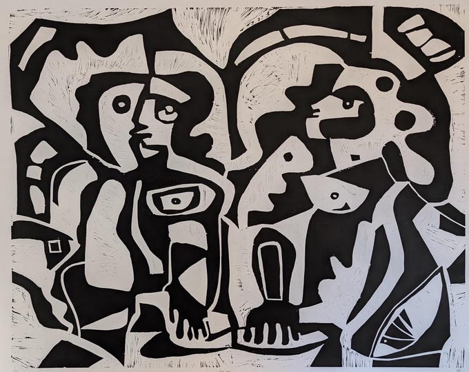 Original Large Woodcut Print: Abstract Faces Art on Paper