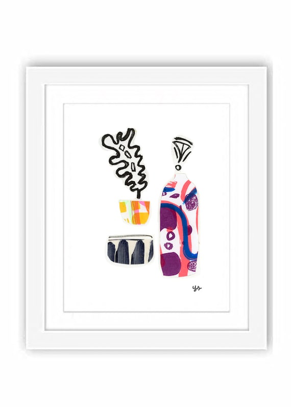 Vessels with Plants - Print and Framed - Illustrative Collage Mixed Media