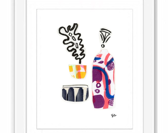 Vessels with Plants - Print and Framed - Illustrative Collage Mixed Media