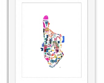 Manhattan Collaged Map - Print and Framed - New York City Abstract Illustration Cut Outs Paper