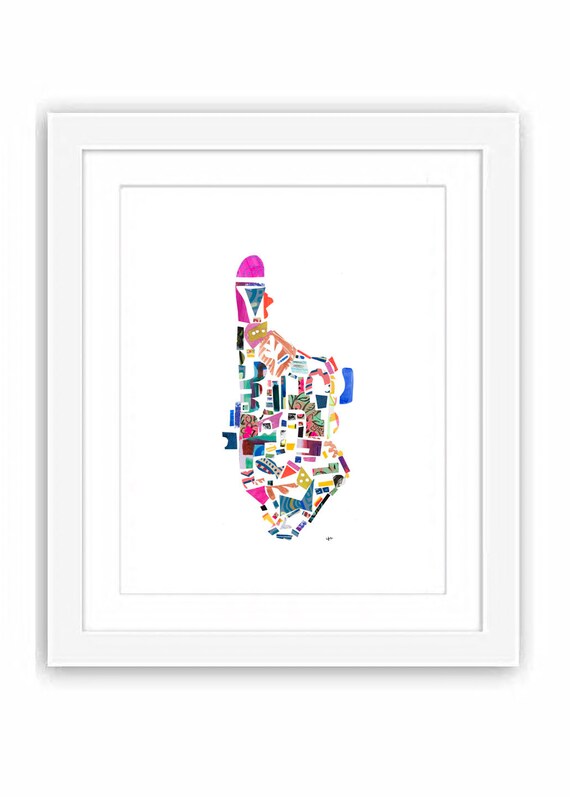 Manhattan Collaged Map - Print and Framed - New York City Abstract Illustration Cut Outs Paper