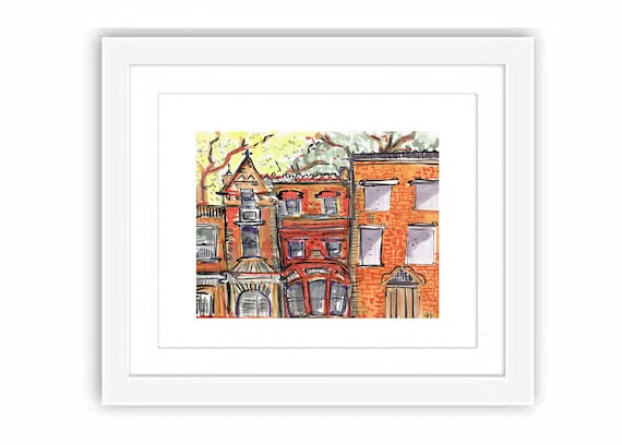 Print of Brooklyn Brownstones and Row Houses in Boreum Hill - Watercolor New York City Brooklyn