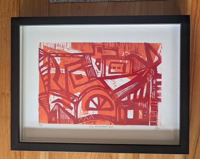 Framed Woodblock Print: Abstract City Architecture, Red 3/4