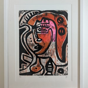 Gravure sur bois originale encadrée - Le selfie génératif en bleu 3/10 - Estampe, visage abstrait, papier, oeuvre d&#39;art originale sur papier