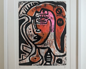 Framed Woodcut Print: Abstract Face, Generative Selfie Art