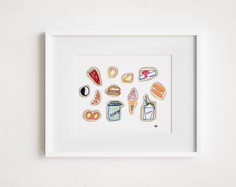 NYC Food Watercolor Print: New York City Art, Urban Sketch
