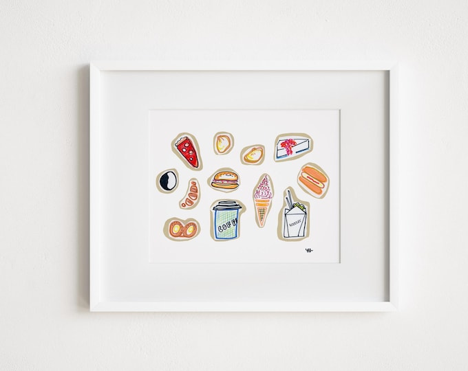NYC Food Watercolor Print: New York City Art, Urban Sketch