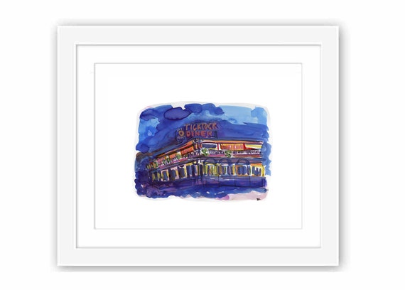 Print and Framed - Tick Tock Diner New Jersey - Illustration Watercolor City