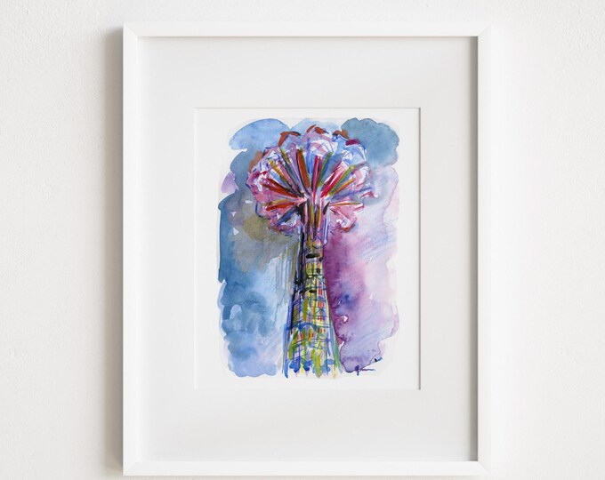 Coney Island Parachute Jump Watercolor Print: Brooklyn Urban Sketch