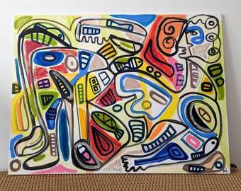 Original Painting - Singing in My Shapes - Abstract Line Art Figurative Colorful Oil Painting