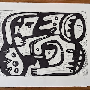 Gravure sur bois originale en noir - Time Together 1/11 - Gravure de visages abstraits sur papier Oeuvres d&#39;art originales sur papier
