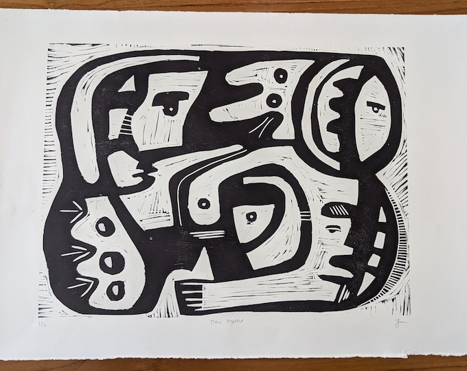 Abstract Faces Woodcut Print: Black Ink Original Art