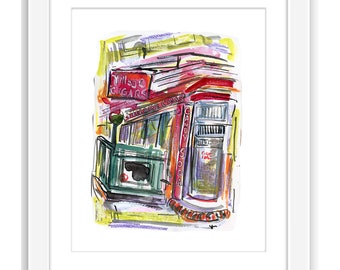 Print West Village Christopher Street Cigar Shop - Illustration Watercolor Street Scene New York City Manhattan