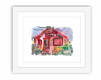 Print and Framed - Lobster Landing in Connecticut Illustration - New England Urban Watercolor Sketch Travel America