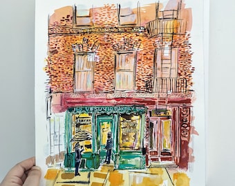 Original 12 x 16 New York City Painting -  Vesuvio Bakery  - Ink and Watercolor on Paper