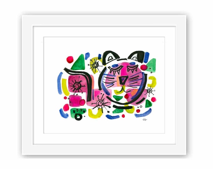 Mid-Century Inspired Folk Art Watercolor Cat - Retro Minimal Zen Illustration - Print and Framed