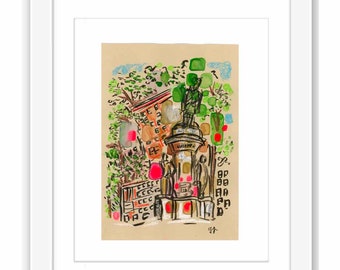 Verdi Square - Print & Framed  - Upper West Side Manhattan Mixed Media Collage and Watercolor New York City Street