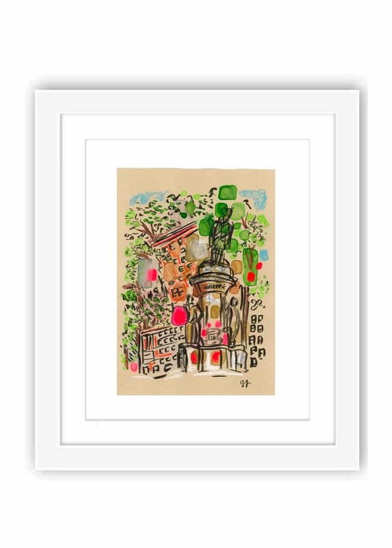 Verdi Square - Print & Framed  - Upper West Side Manhattan Mixed Media Collage and Watercolor New York City Street