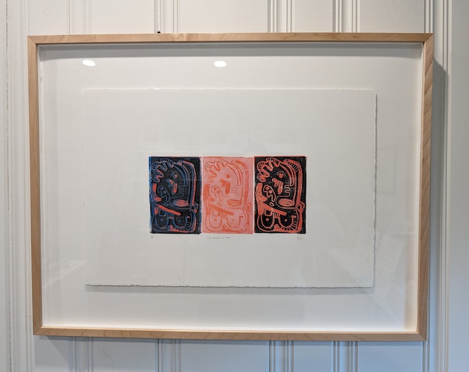 Featured listing image: Framed Abstract Lino Cut Print: "Self Portrait Three" on BFK Paper