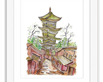 Kyoto Watercolor Illustration - Print and Framed - Painting Street View Urban Sketch