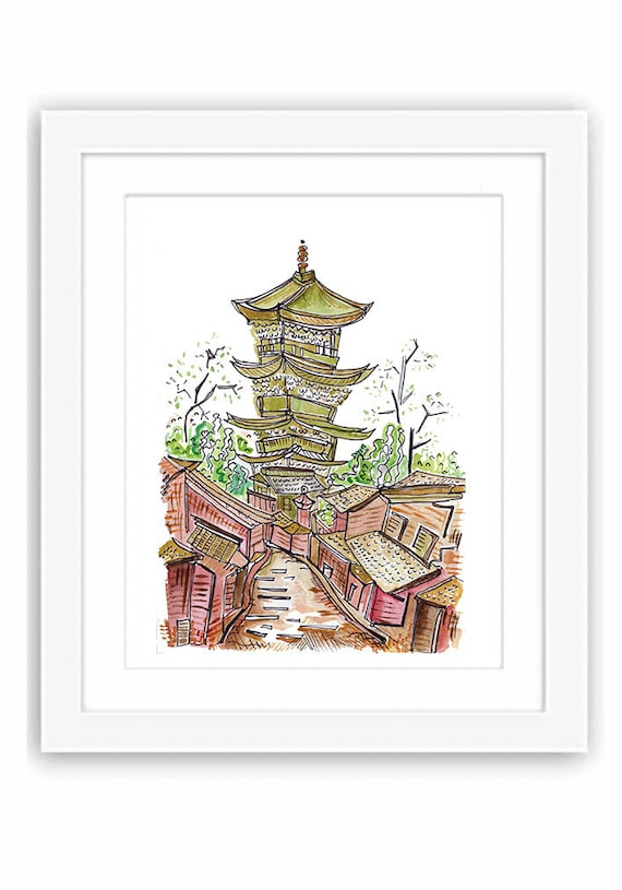 Kyoto Watercolor Illustration - Print and Framed - Painting Street View Urban Sketch